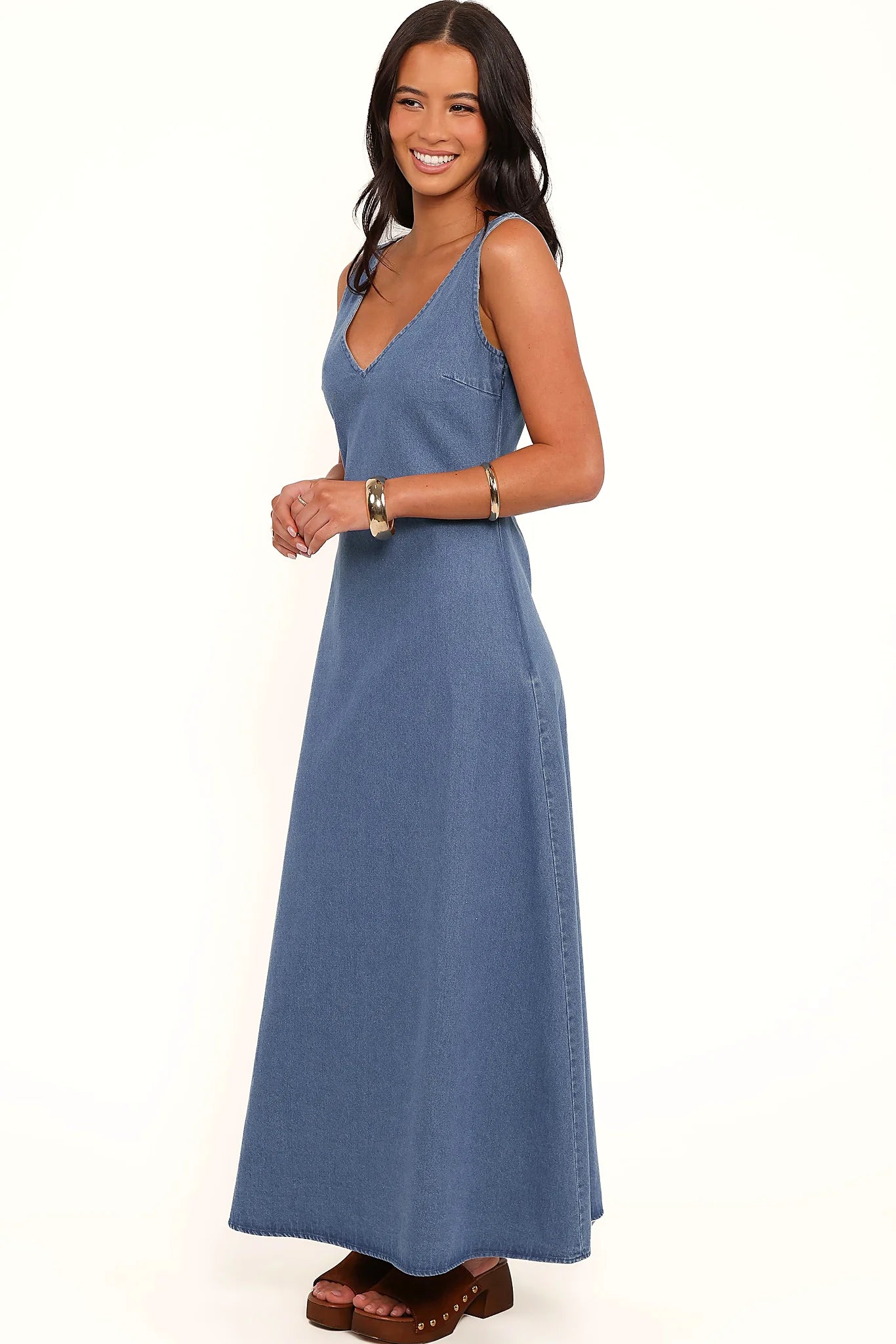 Close-up of the neckline of the indigo denim maxi dress