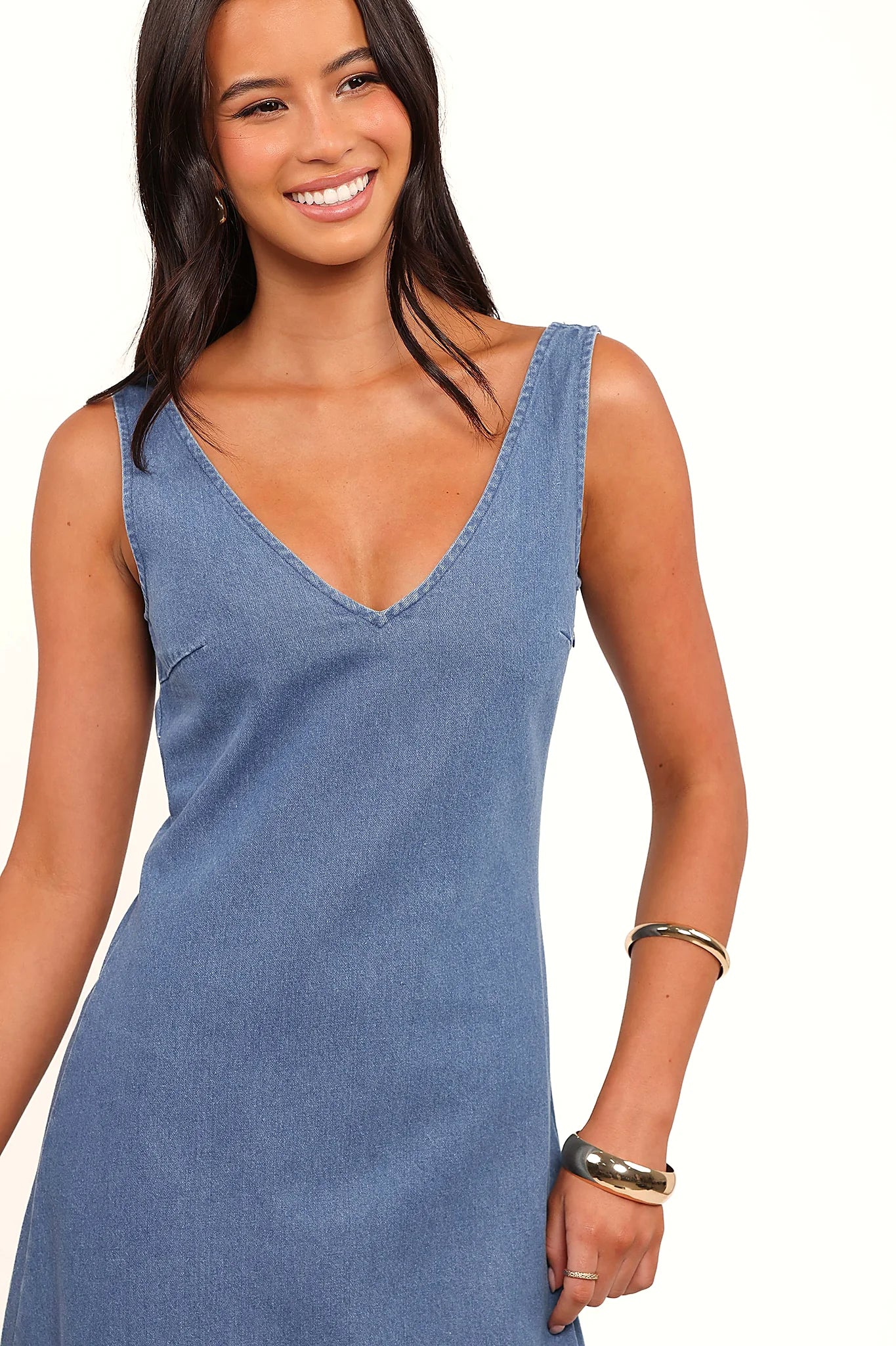 Detail view of the indigo denim maxi dress