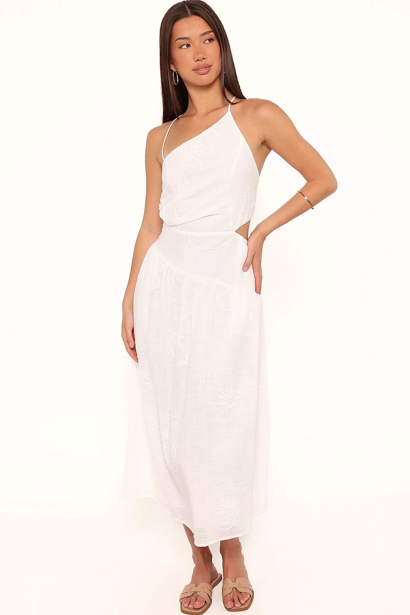 Back view of the white floral midi dress on a model