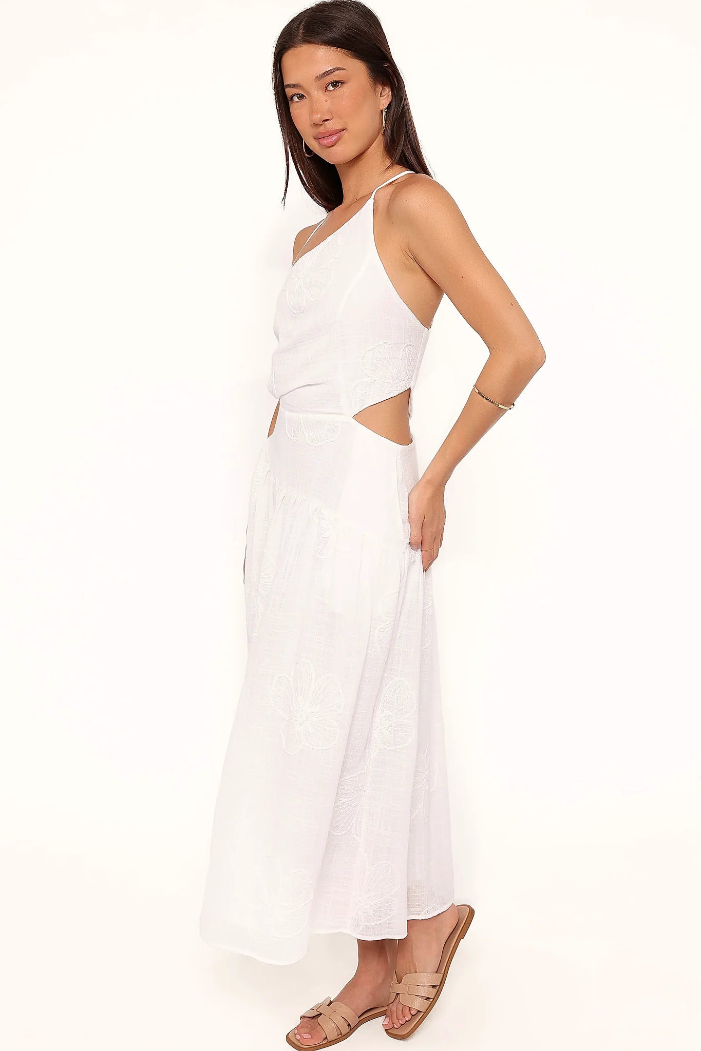 Full-length view of the white floral midi dress