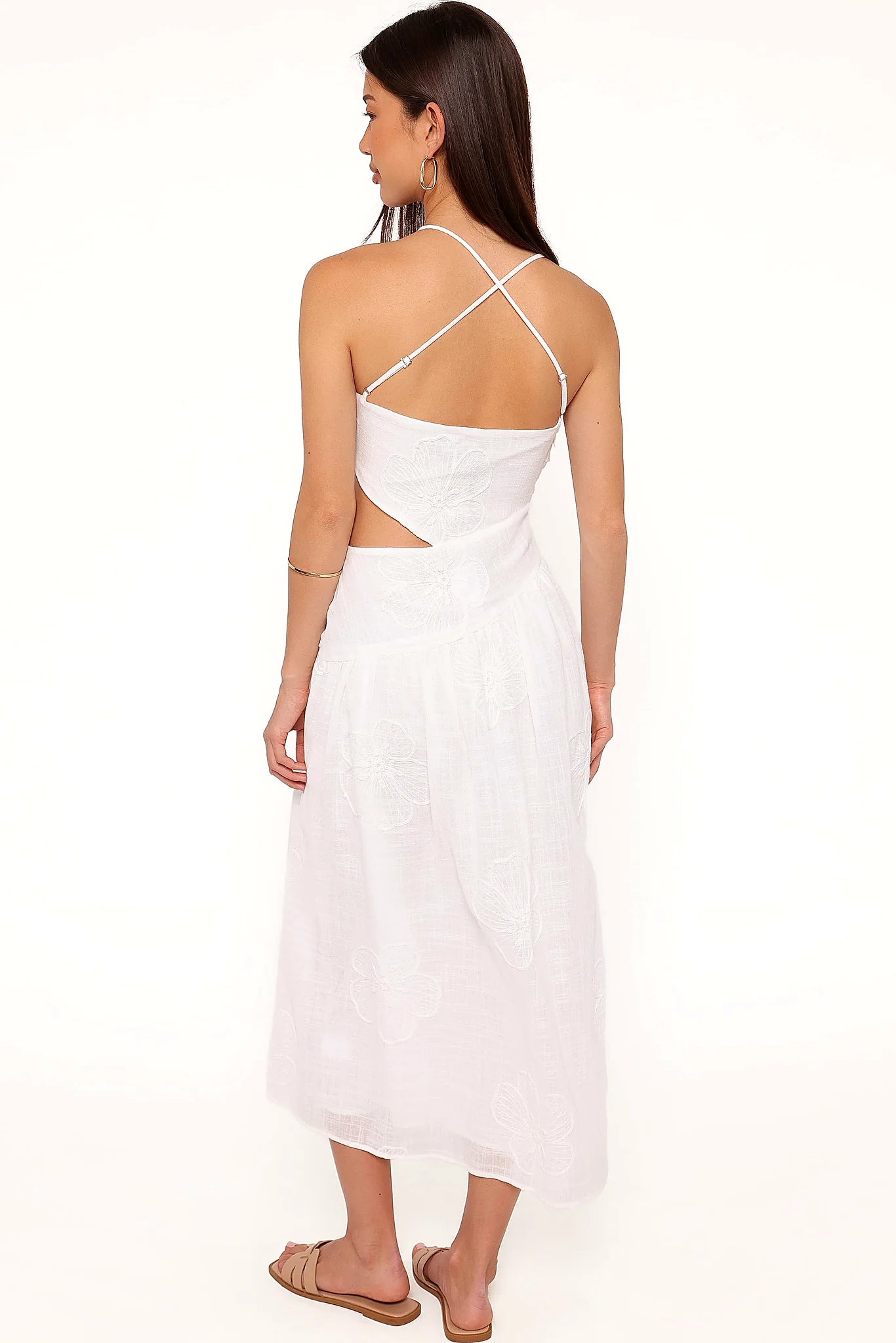 Detail view of the white floral midi dress