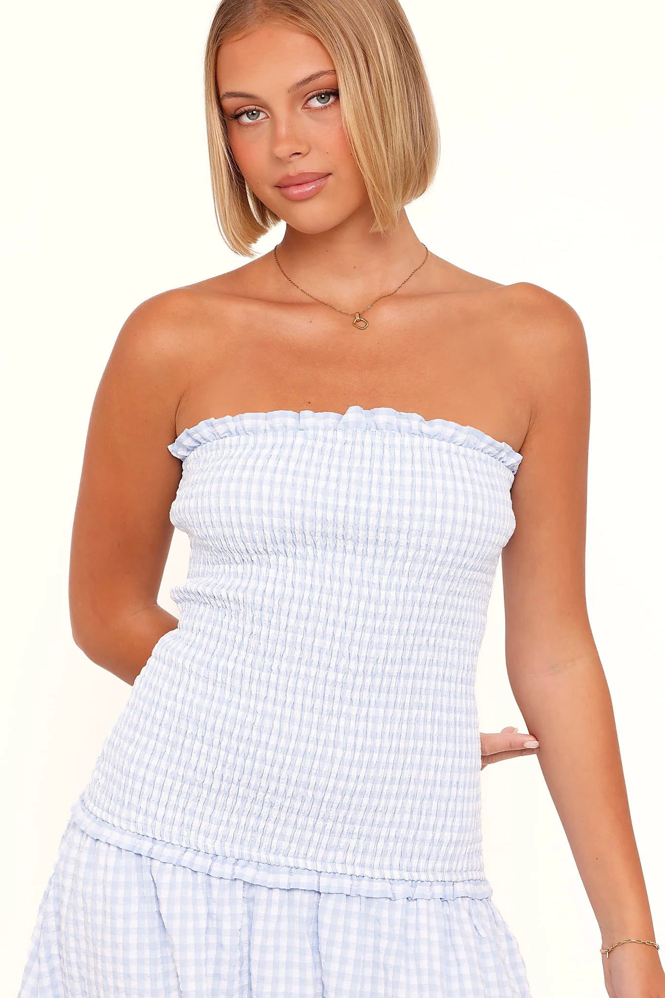 Detail view of the blue gingham maxi dress