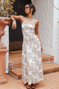 Side view showing the drape of the cream shells maxi dress