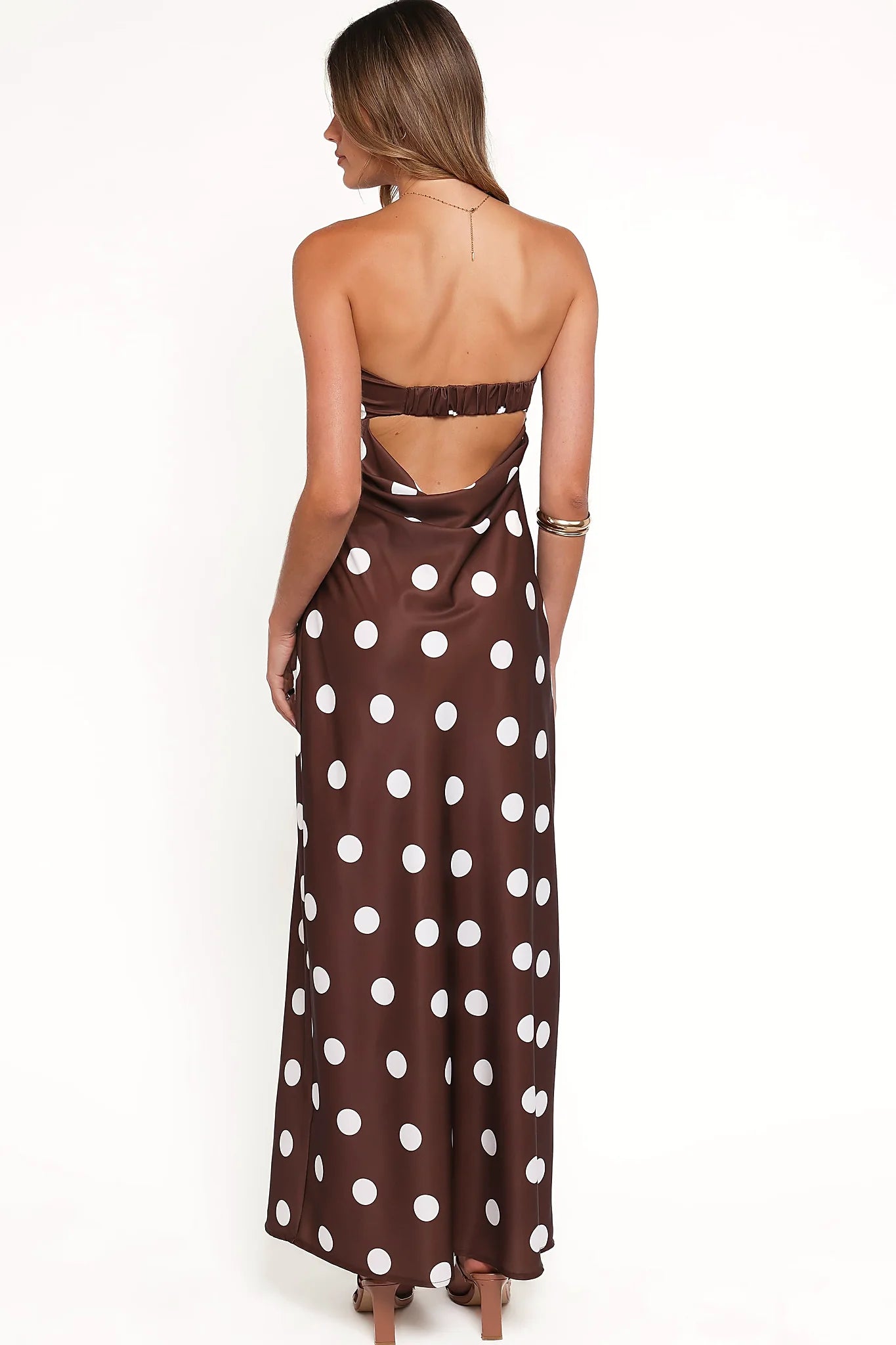 Remmie Strapless Maxi Dress - Brown Polka Dot