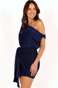 Close-up of the neckline of the midnight blue glitter mini dress