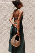 Detail view of the forest green maxi dress