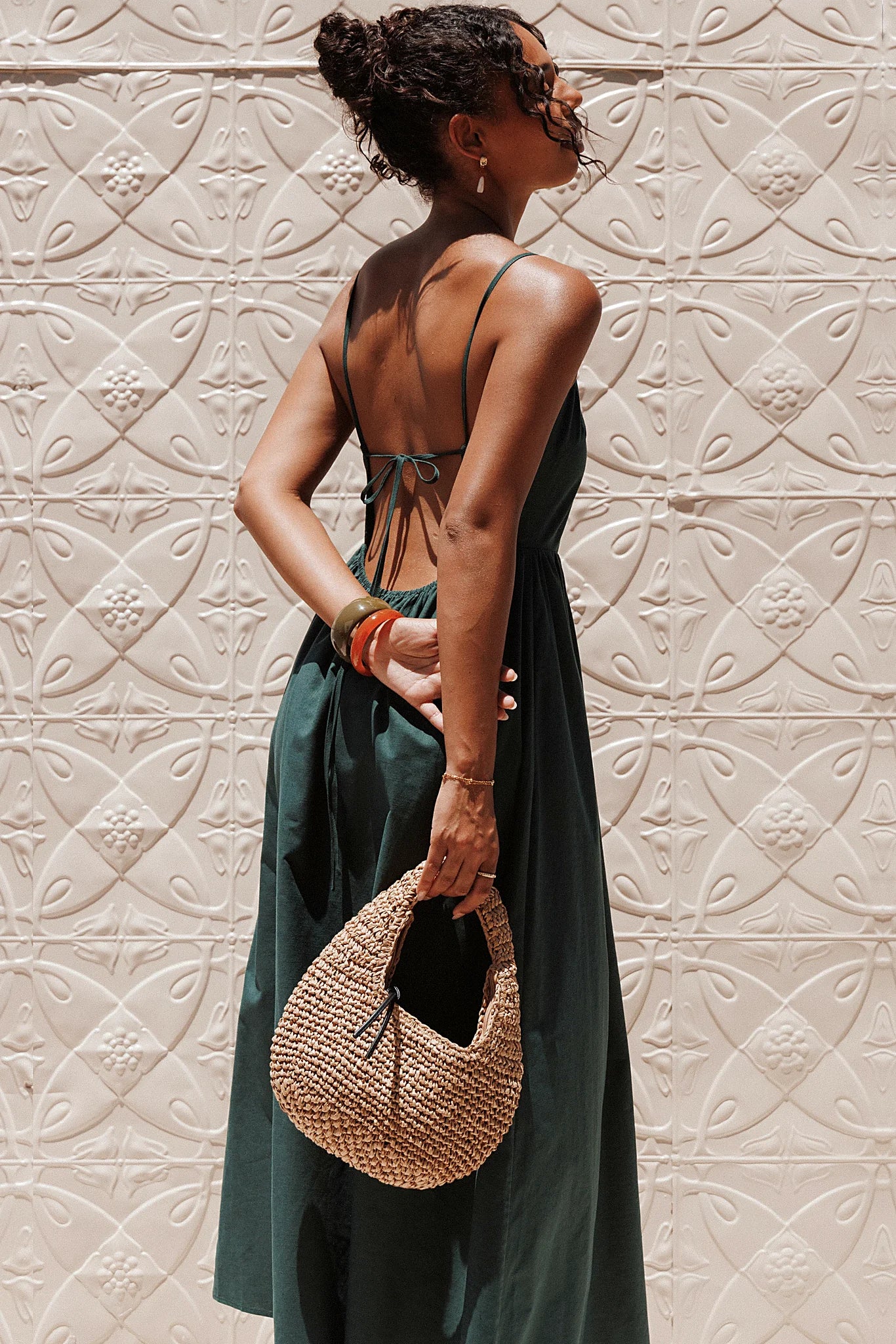 Detail view of the forest green maxi dress