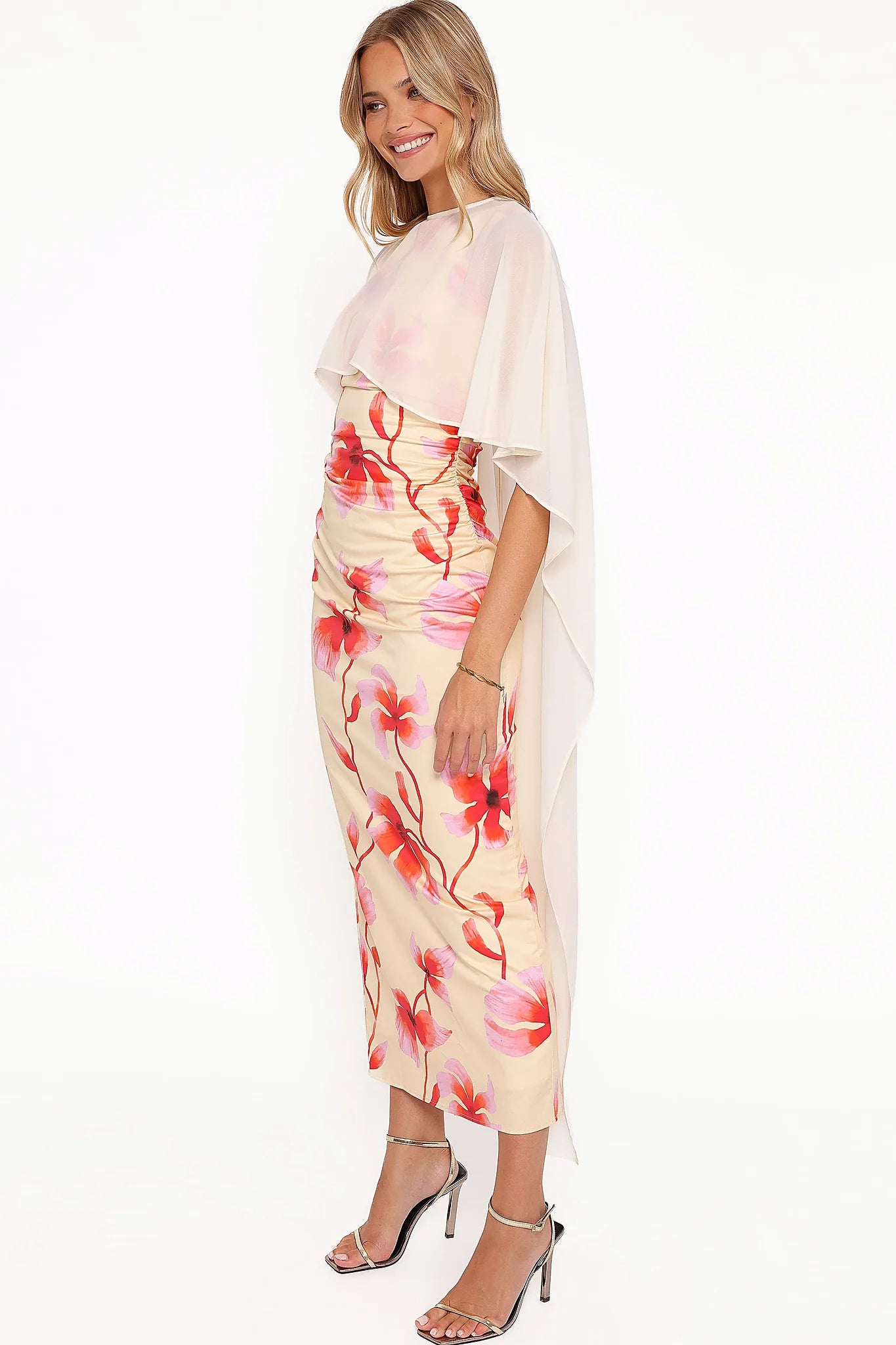 Model wearing the pink floral maxi dress, front view