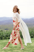 Full-length view of the pink floral maxi dress