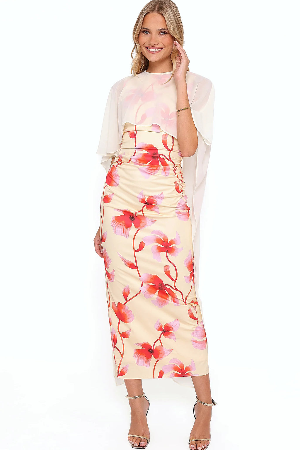 Detail view of the pink floral maxi dress