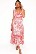 Side view showing the drape of the rose tile tie-shoulder maxi dress