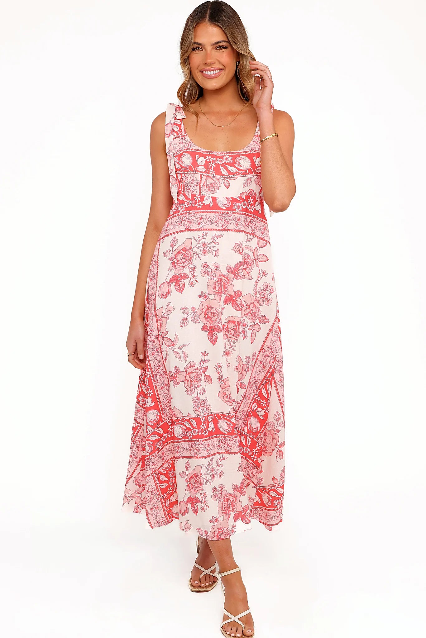 Side view showing the drape of the rose tile tie-shoulder maxi dress