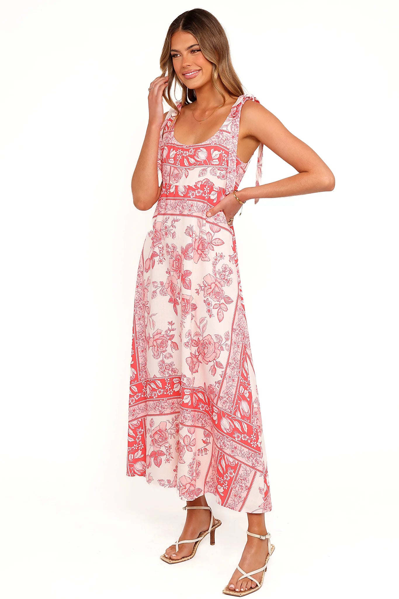 Detail view of the rose tile tie-shoulder maxi dress