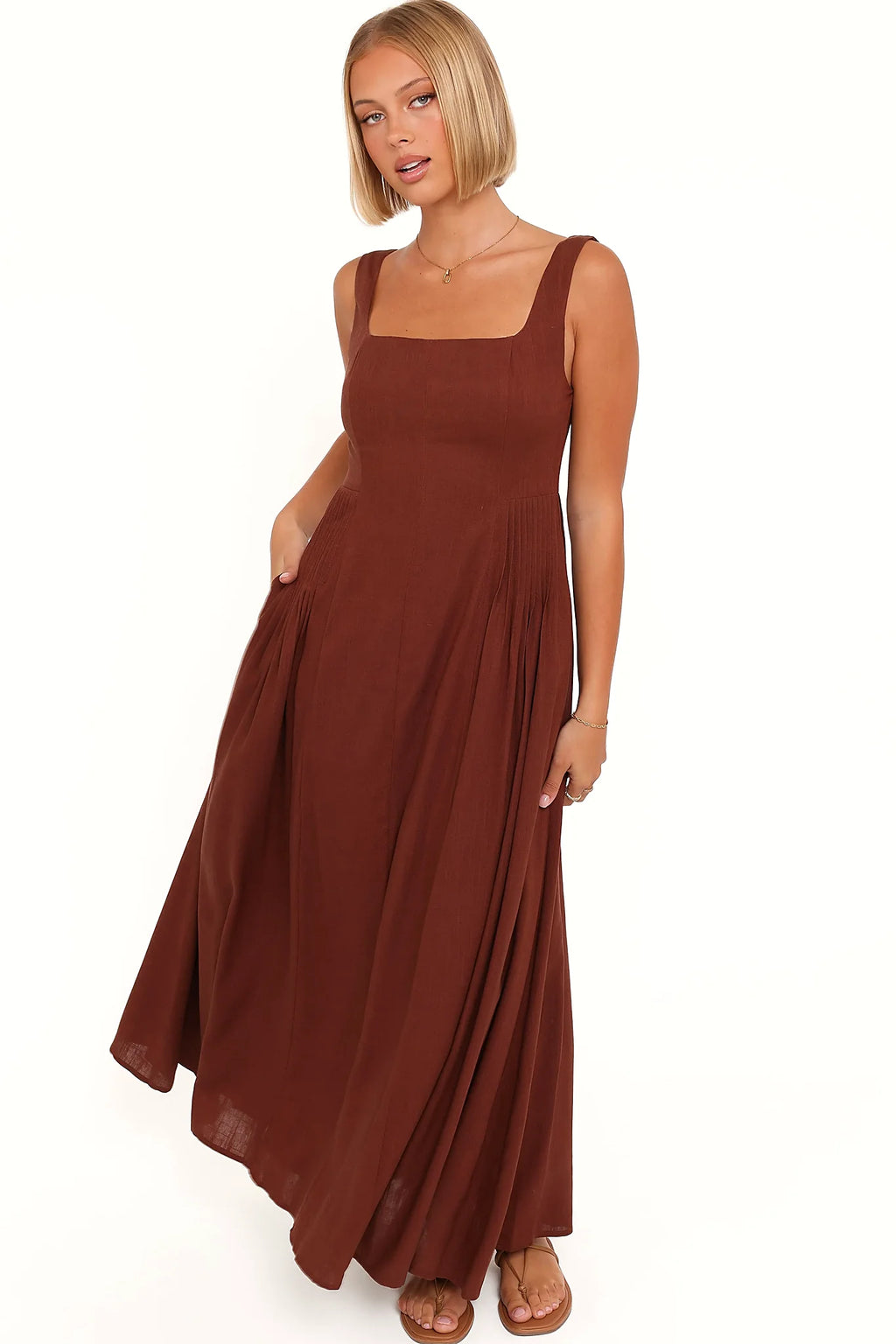 Detail view of the brown maxi dress