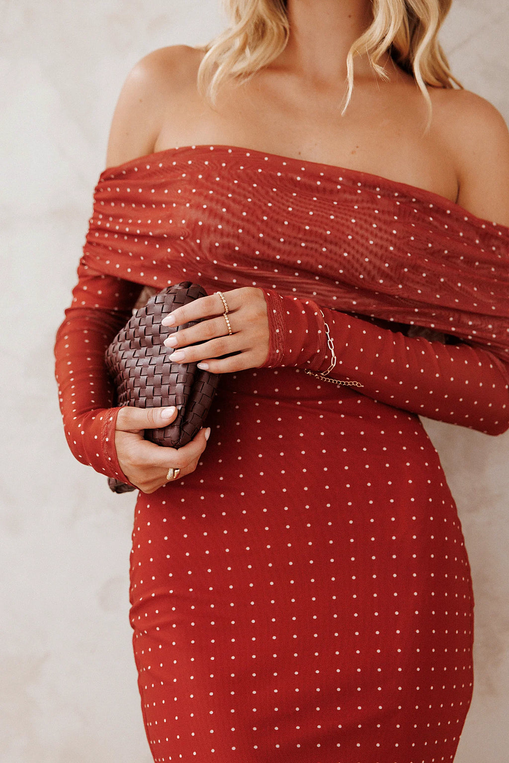 Zeva Off Shoulder Maxi Dress - Burgundy Spot