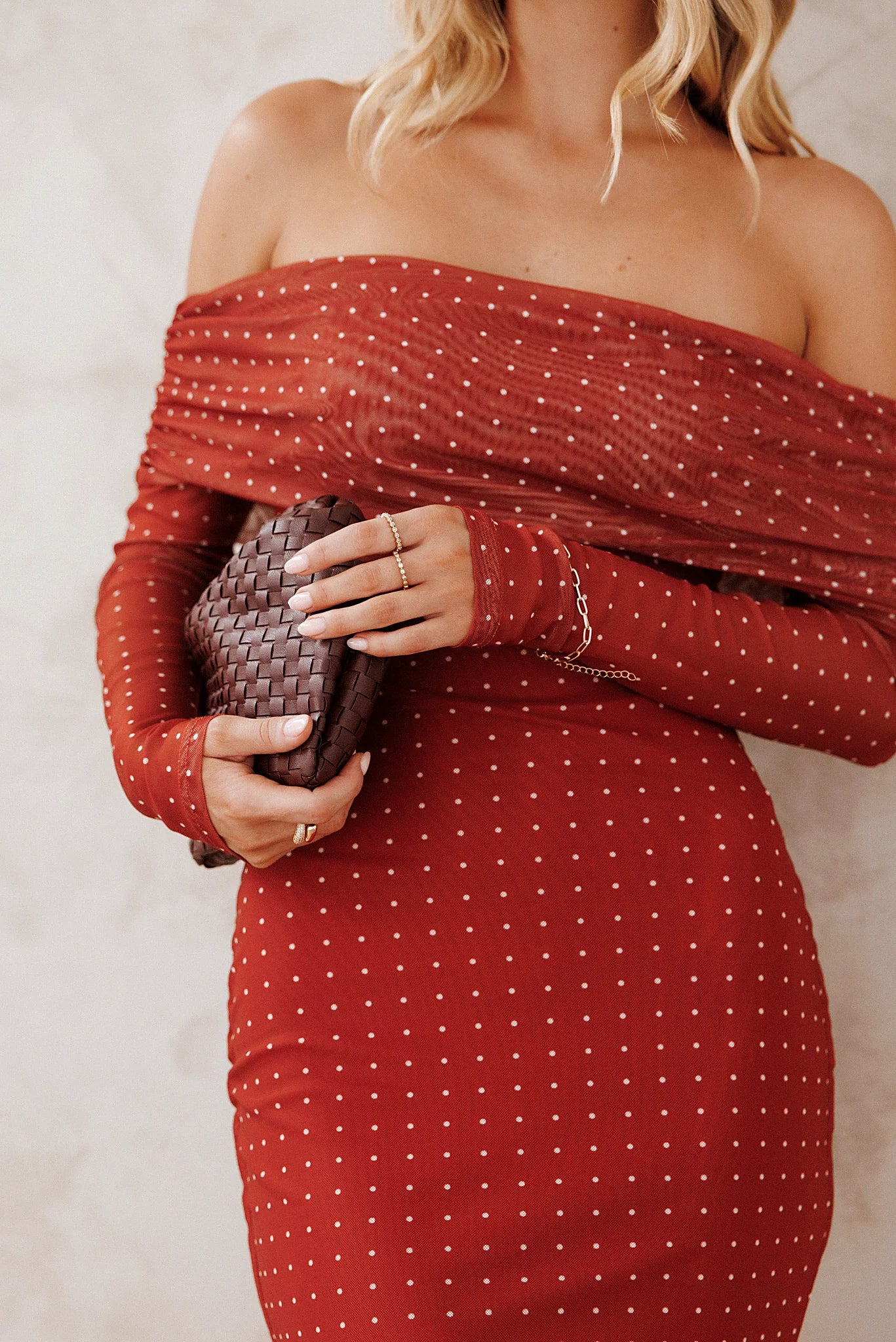 Zeva Off Shoulder Maxi Dress - Burgundy Spot