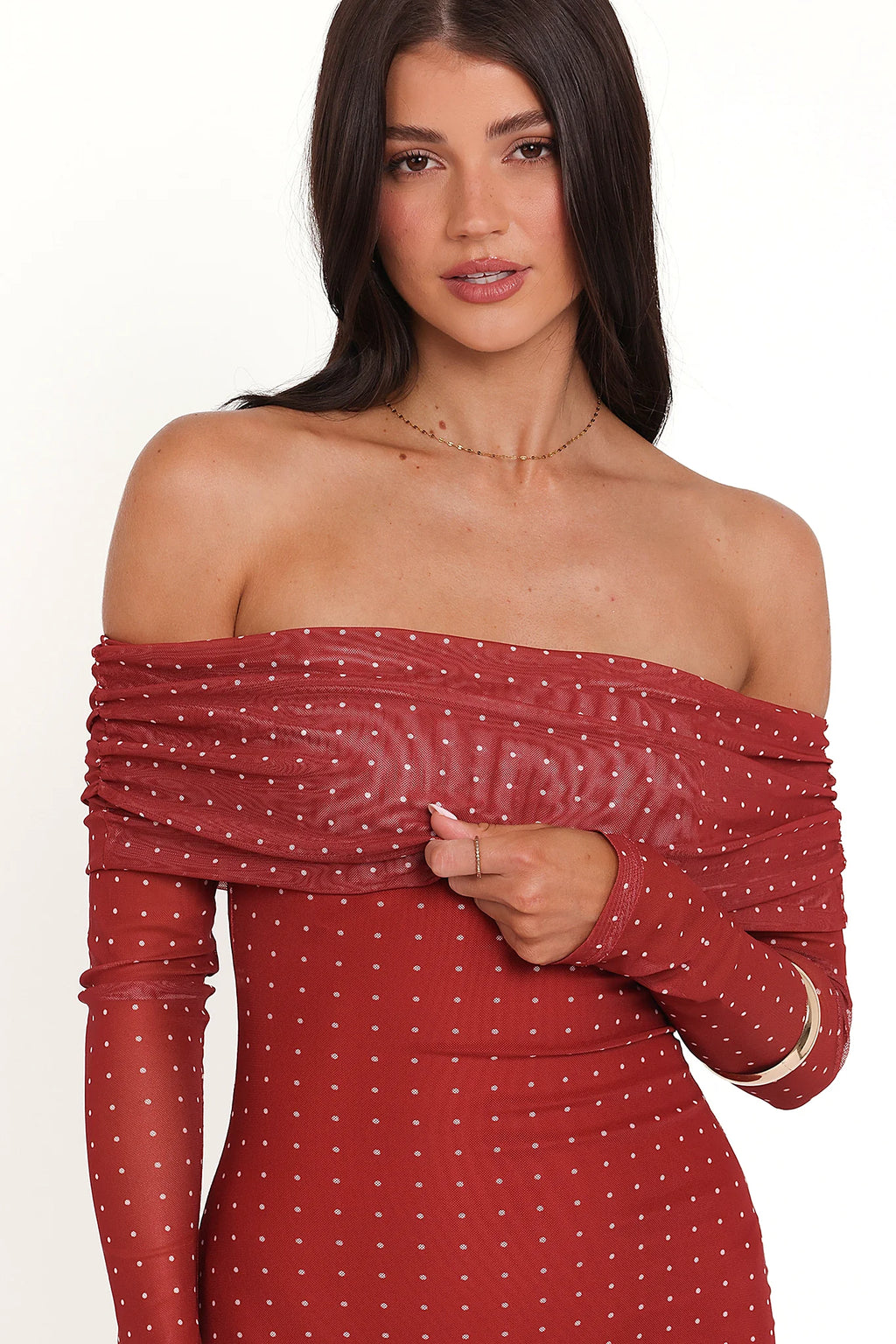 Full-length view of the burgundy spot off-shoulder maxi dress