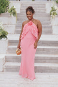 Detail view of the coral halterneck maxi dress